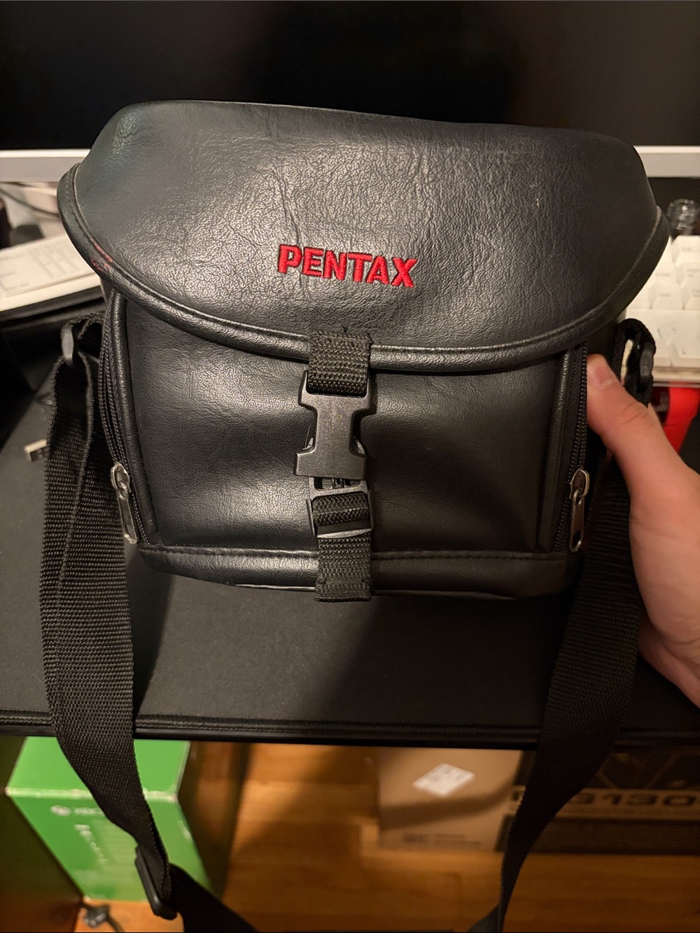 Pentax Black Leather-Look Camera Bag with Red Logo